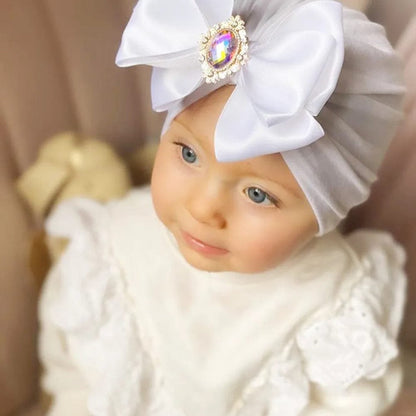 Shiny Rhinestone Bowknot Baby Turban - Soft Cotton Cap