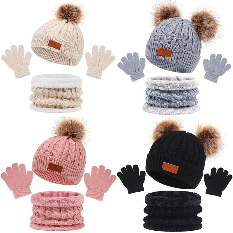 3Pc Winter Baby Set - Hat, Scarf, Gloves, Pompom, 1-5Y