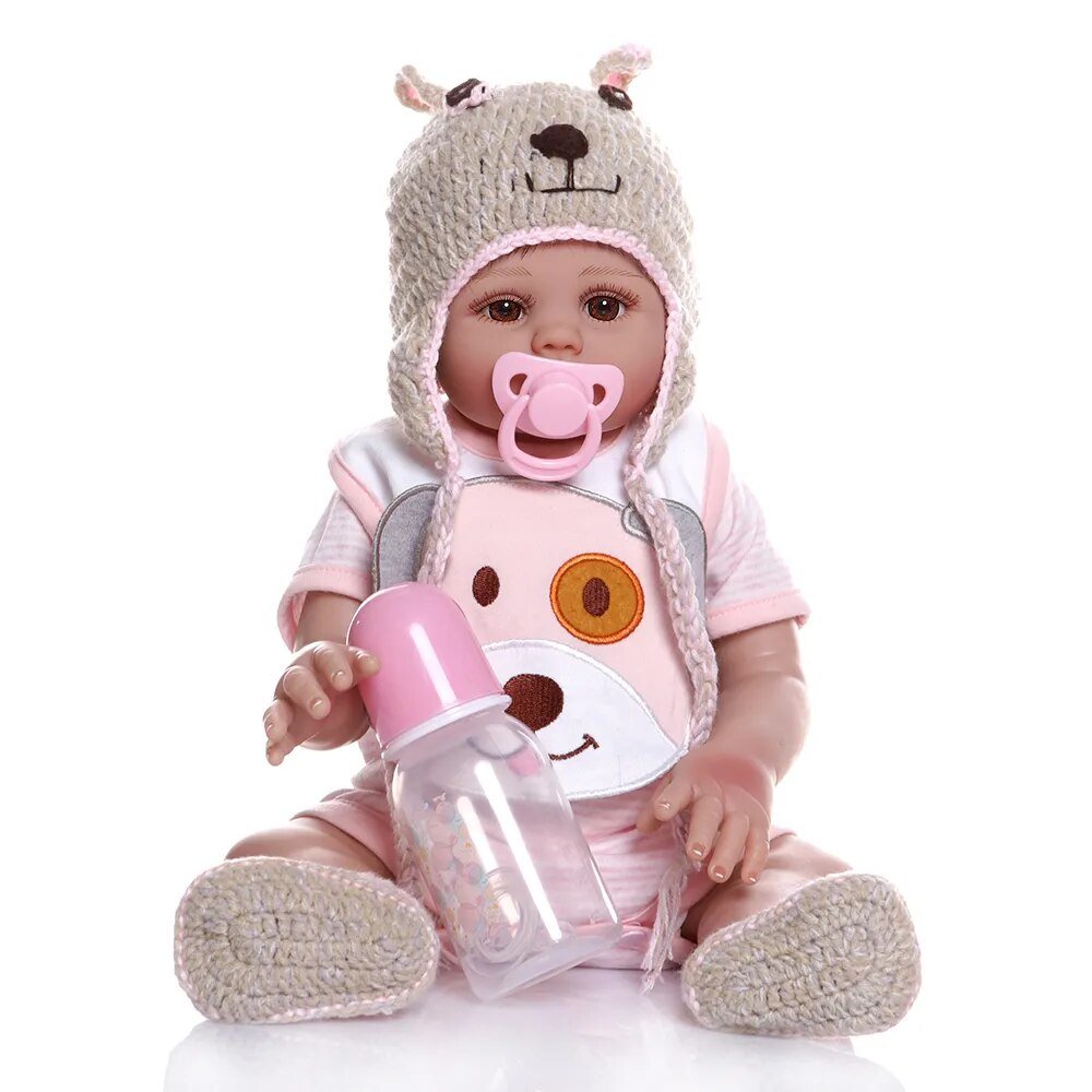 48CM Bebe Doll - Lifelike, Soft Silicone, Pink Dress, Bath Toy