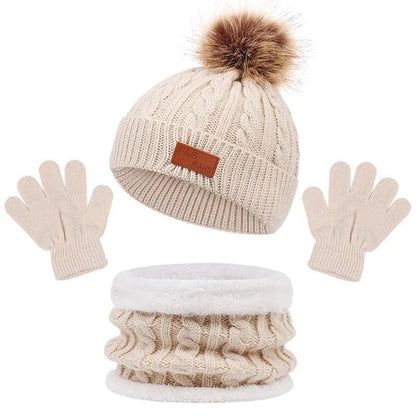 3Pc Winter Baby Set - Hat, Scarf, Gloves, Pompom, 1-5Y