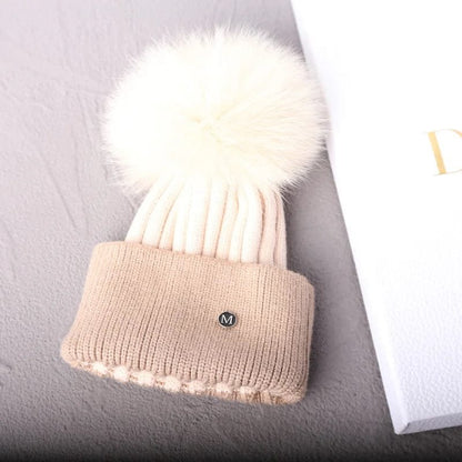 Natural Mink Pom Pom Beanie - Wool, Ear Protection, Kids
