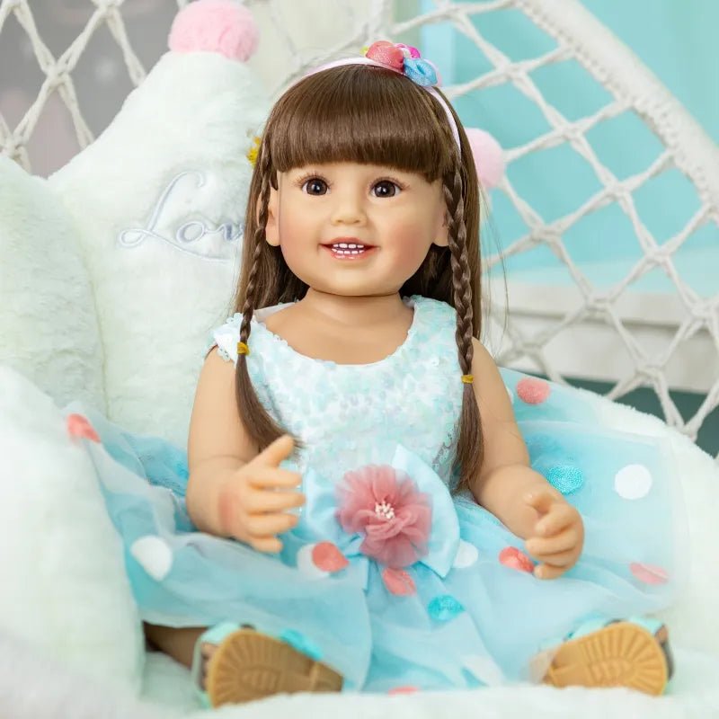 55CM Reborn Toddler Fashion Doll - Blue Skirt, Soft Silicone, Lifelike