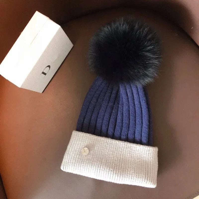 Natural Mink Pom Pom Beanie - Wool, Ear Protection, Kids
