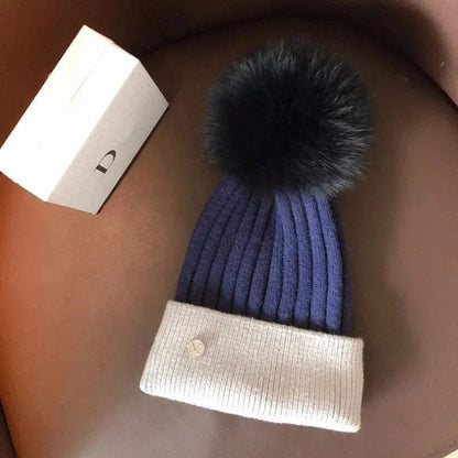 Natural Mink Pom Pom Beanie - Wool, Ear Protection, Kids