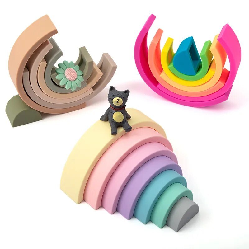 6-10pc BPA-Free Silicone Baby Blocks - Rainbow Montessori Toy