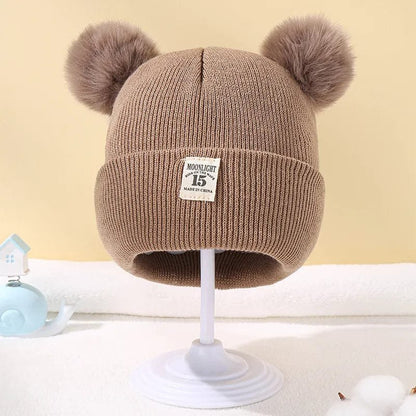 Warm Knitted Baby Beanie with Pom - Autumn/Winter, Solid Color