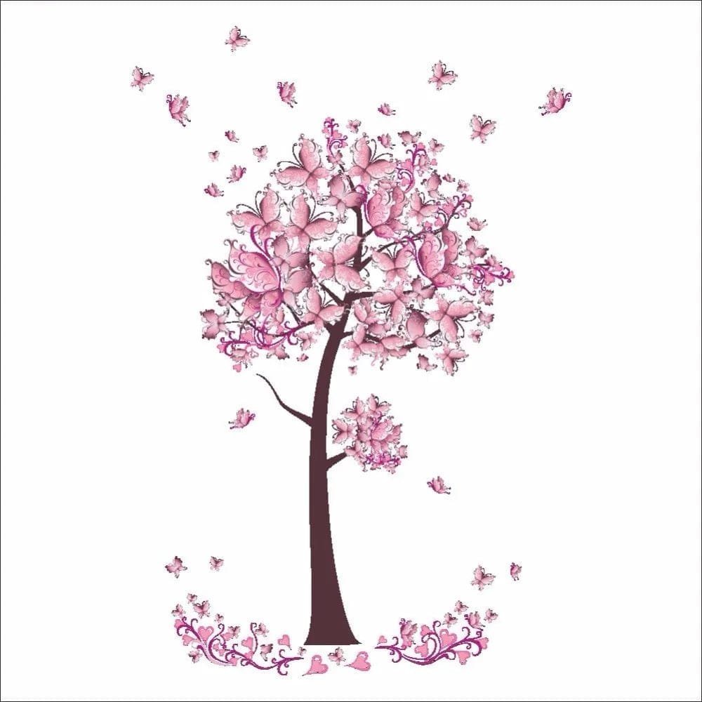 Pink Butterfly Flower Tree Wall Decals - Vinyl Mural