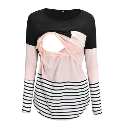 Color-Block Striped Maternity Nursing Long-Sleeve Tee