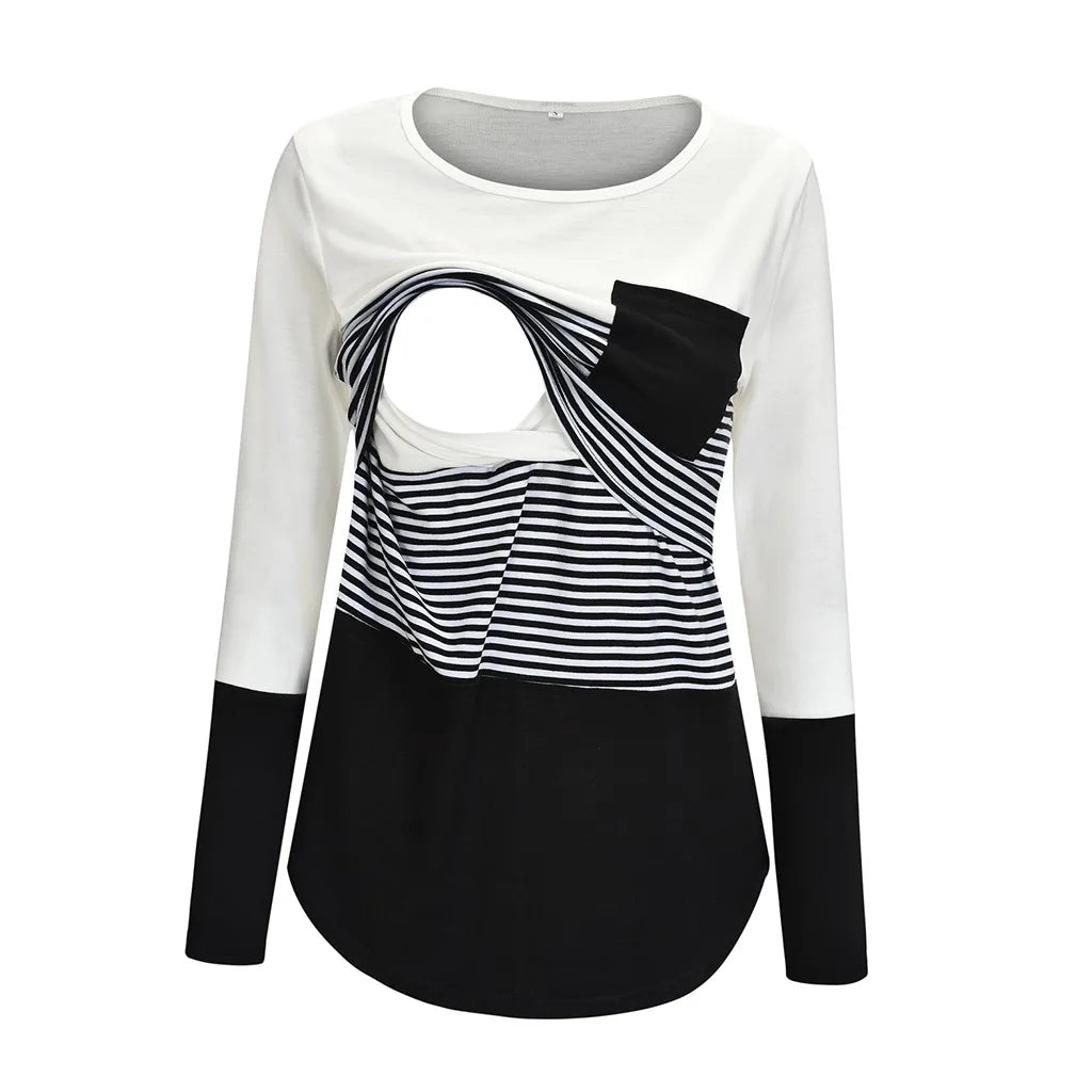 Color-Block Striped Maternity Nursing Long-Sleeve Tee