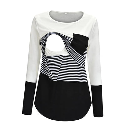 Color-Block Striped Maternity Nursing Long-Sleeve Tee