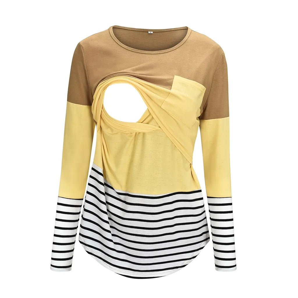 Color-Block Striped Maternity Nursing Long-Sleeve Tee