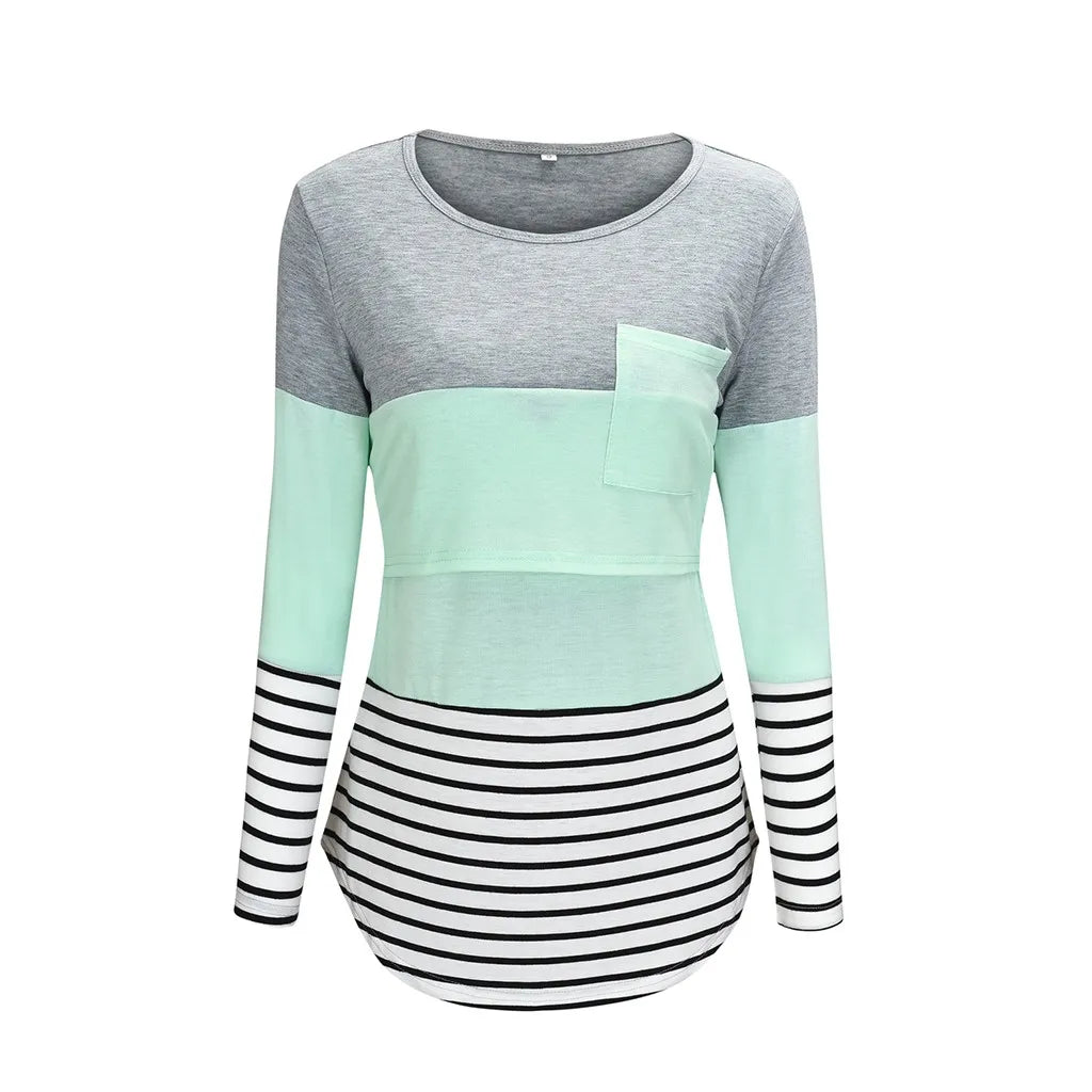 Color-Block Striped Maternity Nursing Long-Sleeve Tee