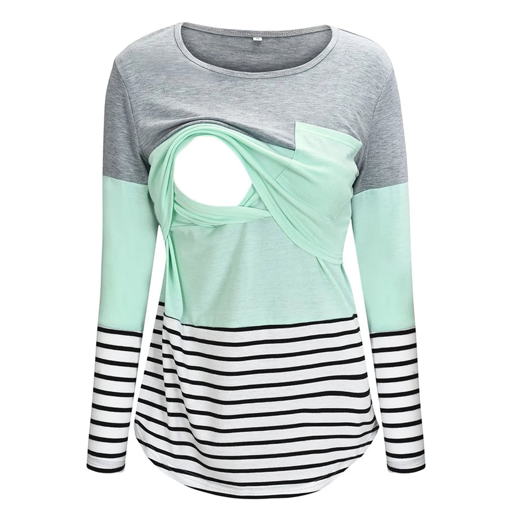 Color-Block Striped Maternity Nursing Long-Sleeve Tee