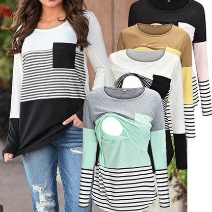 Color-Block Striped Maternity Nursing Long-Sleeve Tee