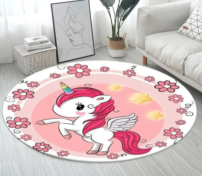 3D Unicorn Cartoon Area Rug - Large Round Non-Slip Mat for Kids