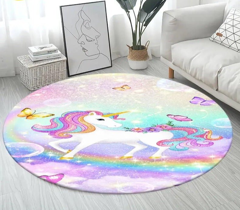 3D Unicorn Cartoon Area Rug - Large Round Non-Slip Mat for Kids