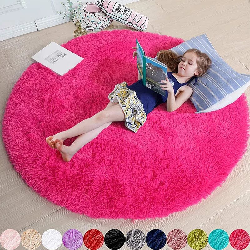 Soft Shaggy Fluffy Round Rug - Pink & White, Bedroom & Play Mat