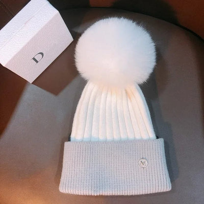 Natural Mink Pom Pom Beanie - Wool, Ear Protection, Kids