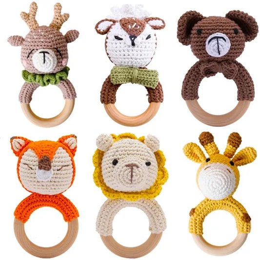 1PC Crochet Animal Wooden Teether & BPA-Free Rattle