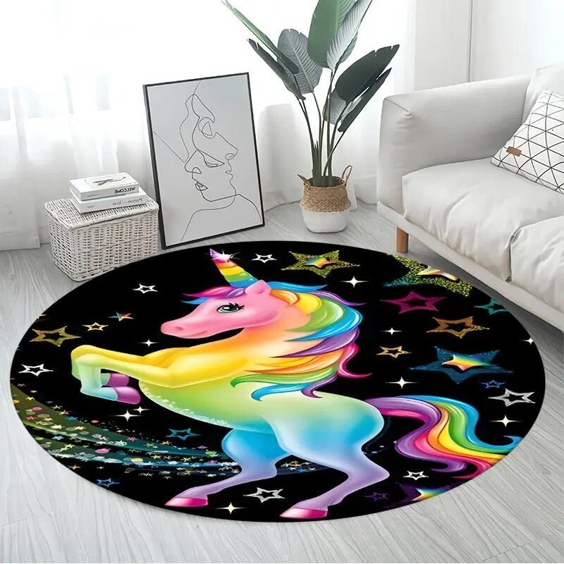 3D Unicorn Cartoon Area Rug - Large Round Non-Slip Mat for Kids