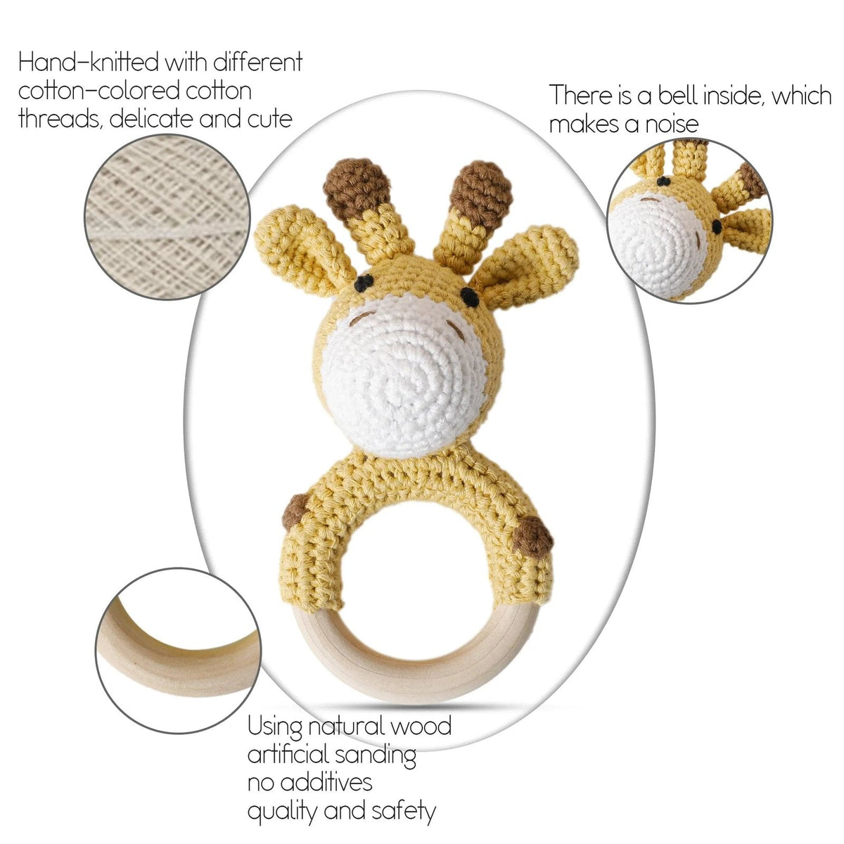 Wooden Baby Rattle & Teether - Crochet Animal Designs