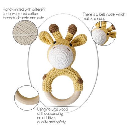 Wooden Baby Rattle & Teether - Crochet Animal Designs