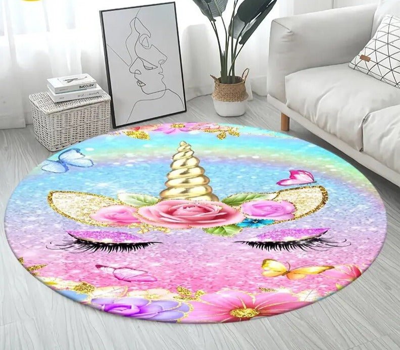 3D Unicorn Cartoon Area Rug - Large Round Non-Slip Mat for Kids