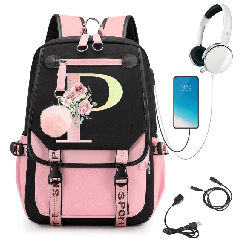 Pink Alphabet Backpack with Gold Letters