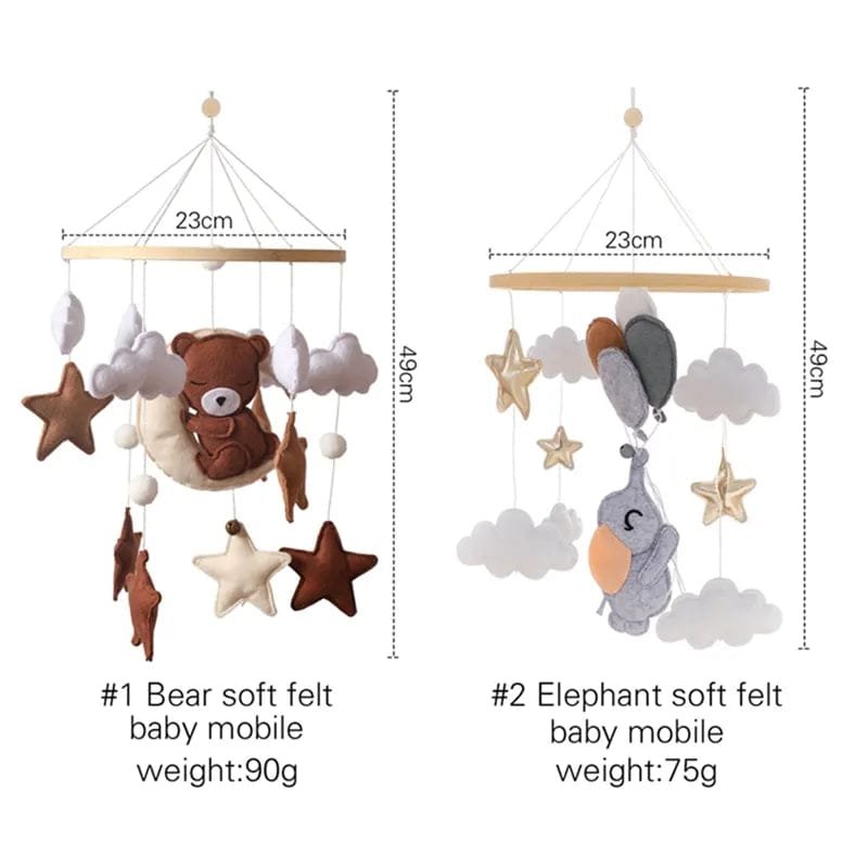 Wooden Baby Rattle & Crib Mobile - Felt Bear, Cloud, Star, Moon