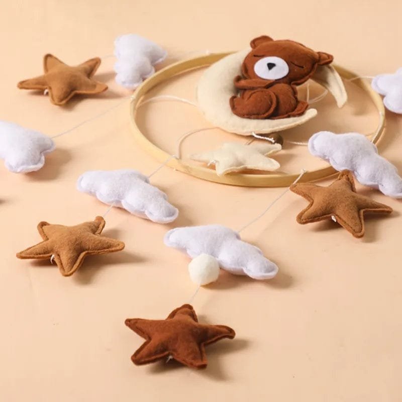 Wooden Baby Rattle & Crib Mobile - Felt Bear, Cloud, Star, Moon