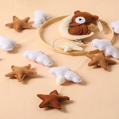 Wooden Baby Rattle & Crib Mobile - Felt Bear, Cloud, Star, Moon