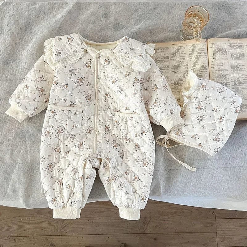 Winter Floral Romper & Fur-Lined Hat for Toddlers