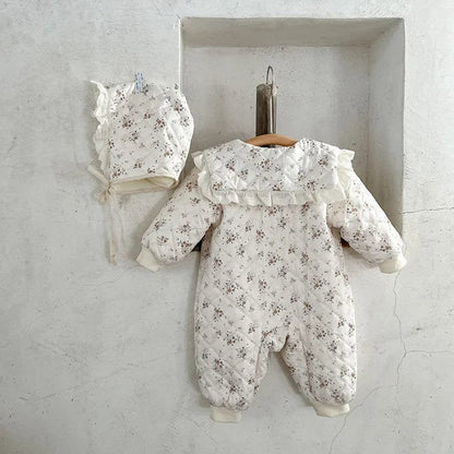 Winter Floral Romper & Fur-Lined Hat for Toddlers