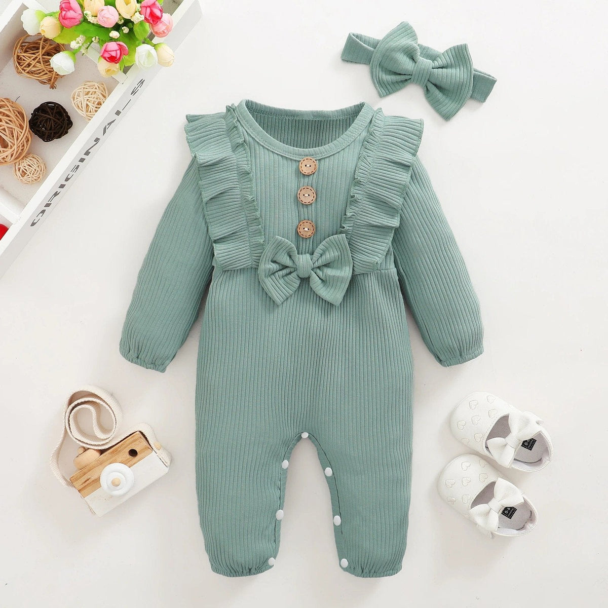0-3M Baby Girl Outfit: Long-sleeve Romper & Headband Set