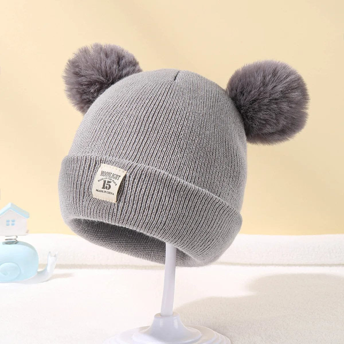 Warm Knitted Baby Beanie with Pom - Autumn/Winter, Solid Color