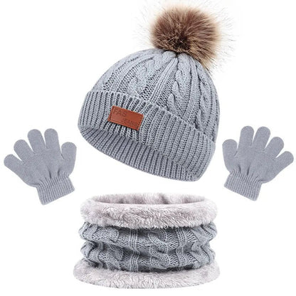 3Pc Winter Baby Set - Hat, Scarf, Gloves, Pompom, 1-5Y
