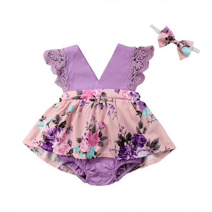 0-24M Princess Romper: Floral & Lace with Headband for Summer