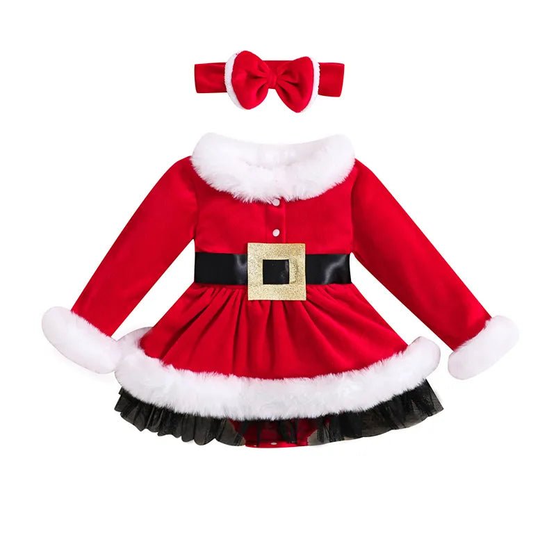 3-24M XMAS Outfit: Velvet Romper Dress & Headband for Babies