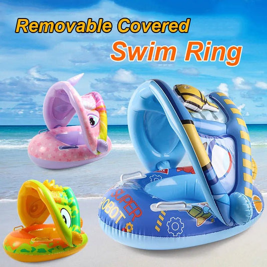 Inflatable Baby Swim Ring with Sun Shade: Toddler Pool Toy for Outdoor Fun