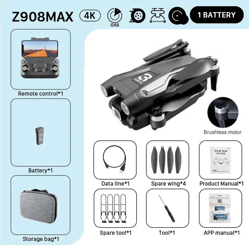 KBDFA MINI Z908Pro Max Drone - 4K Cam, Obstacle Avoidance, FPV RC Quadcopter Toy