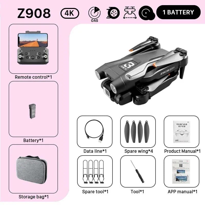 KBDFA MINI Z908Pro Max Drone - 4K Cam, Obstacle Avoidance, FPV RC Quadcopter Toy