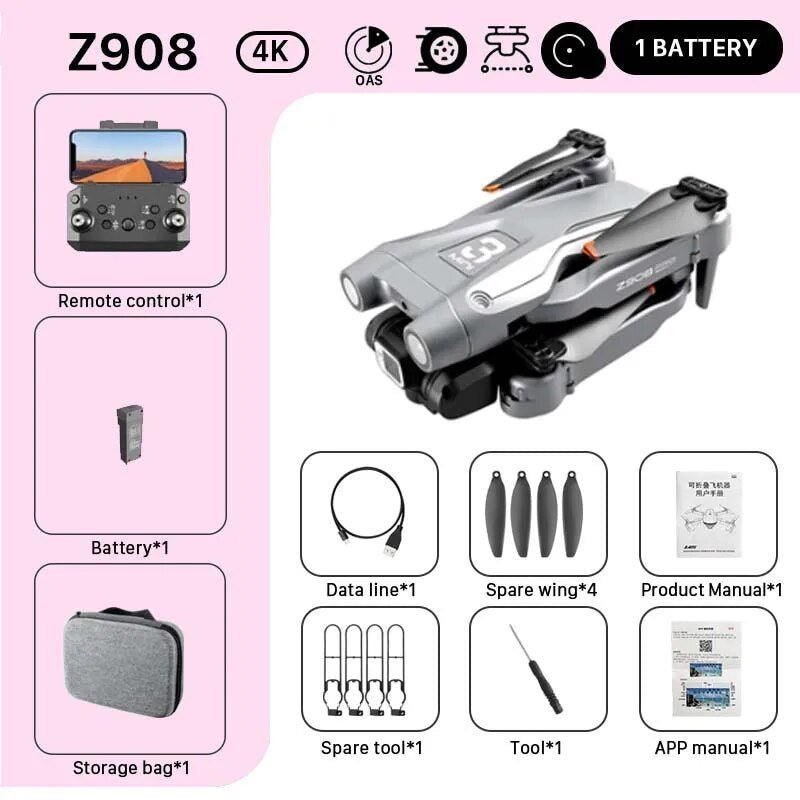 KBDFA MINI Z908Pro Max Drone - 4K Cam, Obstacle Avoidance, FPV RC Quadcopter Toy