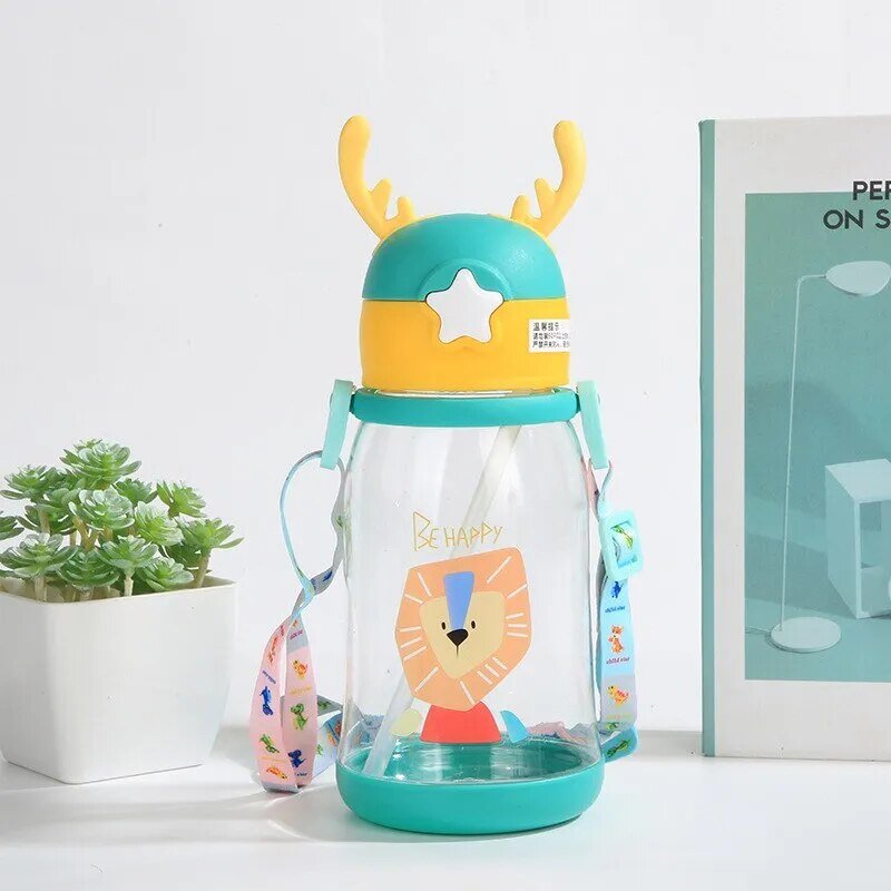 600ml Kids Antler Sippy Cup - Cartoon Design, Leakproof with Straw