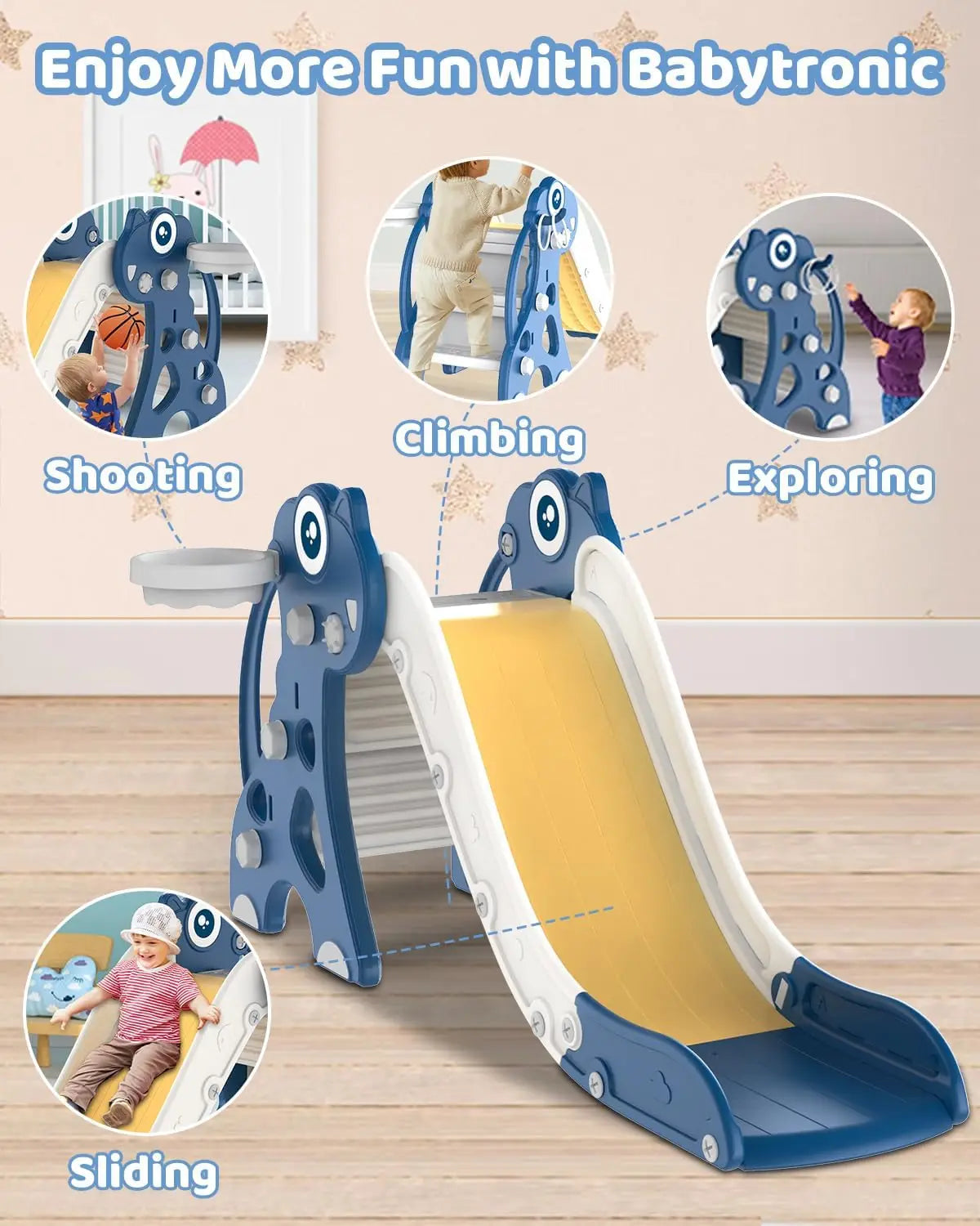 Toddler Slide Playset with Hoop & Ring Toss – Foldable (Blue)
