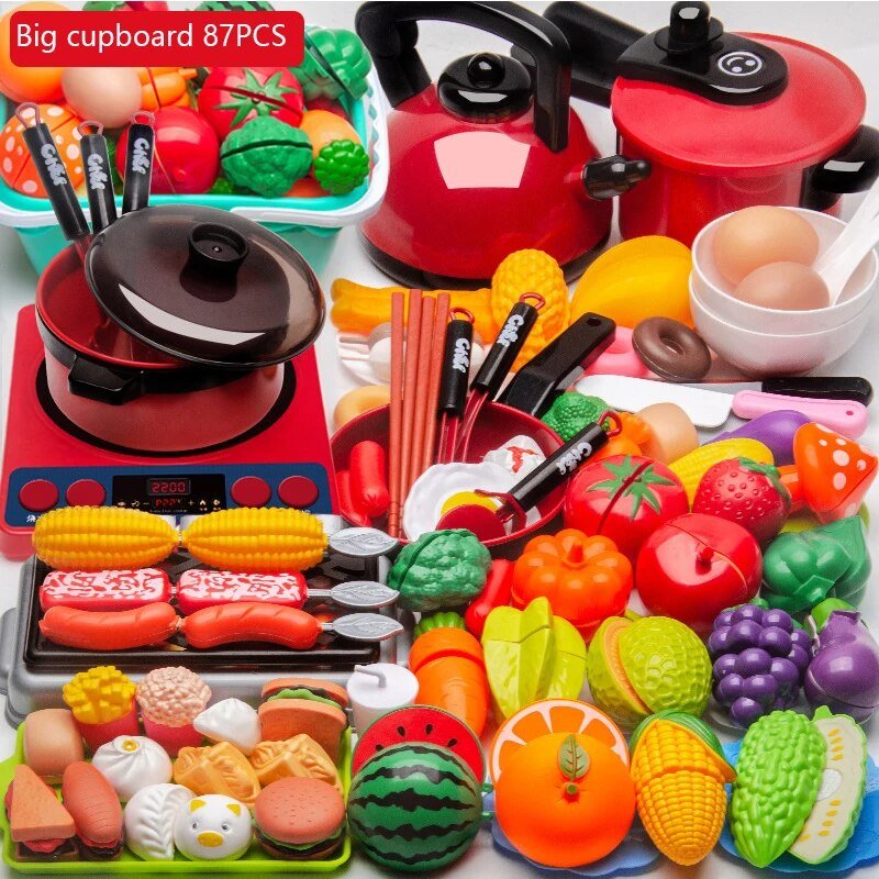 Kids Kitchen Toy Set with Fruit Cutting & Cooking Utensils