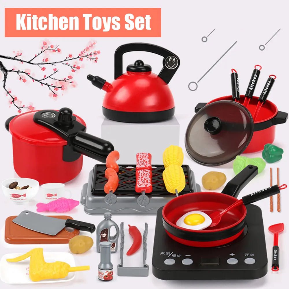 Kids Kitchen Toy Set with Fruit Cutting & Cooking Utensils