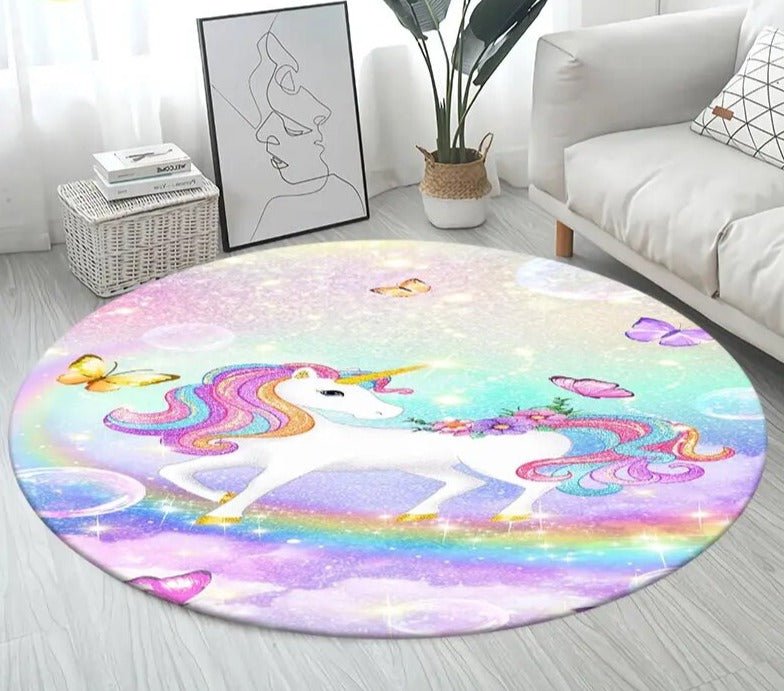 3D Unicorn Cartoon Area Rug - Large Round Non-Slip Mat for Kids