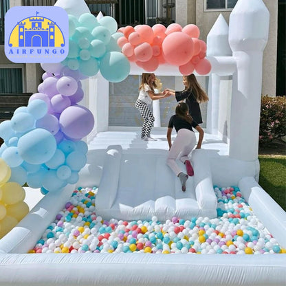 Kids Soft Play White Bounce House w/ Slide & Ball Pit