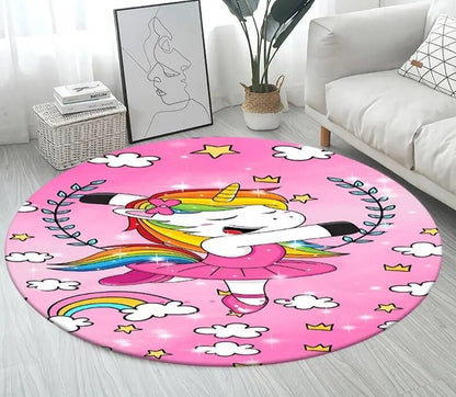 3D Unicorn Cartoon Area Rug - Large Round Non-Slip Mat for Kids
