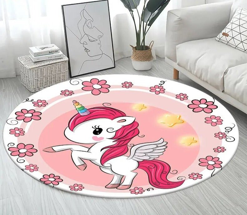 3D Unicorn Cartoon Area Rug - Large Round Non-Slip Mat for Kids